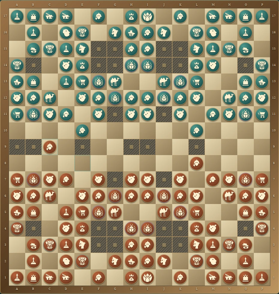 Shavari City Battle 16 by 17 opening board, city blocks, and two mirrored armies