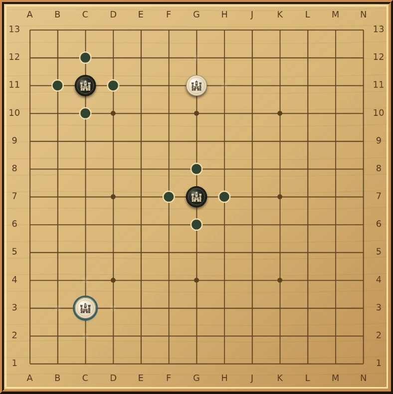 Shavari Go royal pieces on a 13 by 13 territory board